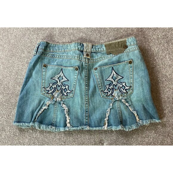 Industrial Cotton Distressed Denim Mini Skirt Embroidered Detail Frayed Hem Sz 5 - Picture 2 of 10